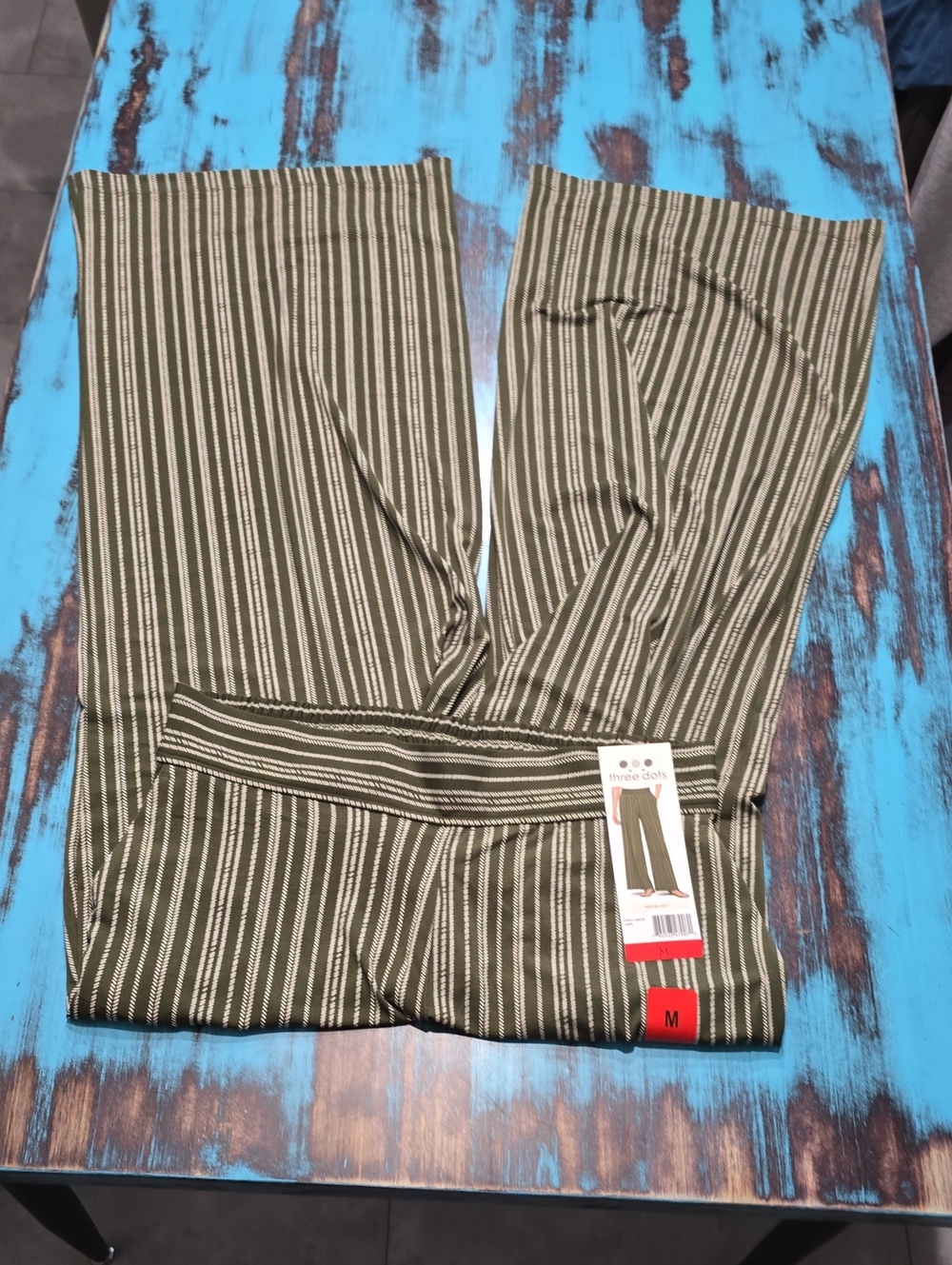 Three Dots Olive Green & White Striped Wide Leg Pants